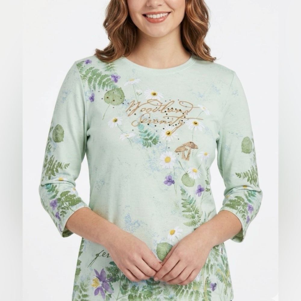 Artisans Woodland Serenity Nature Green 3/4 Length Sleeve Embellished Top M - Picture 2 of 10
